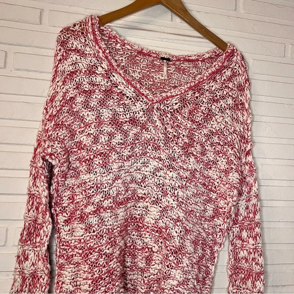 Free People Red White Cotton Linen Blend Open Knit Sweater, Women’s Size Small - Picture 2 of 10